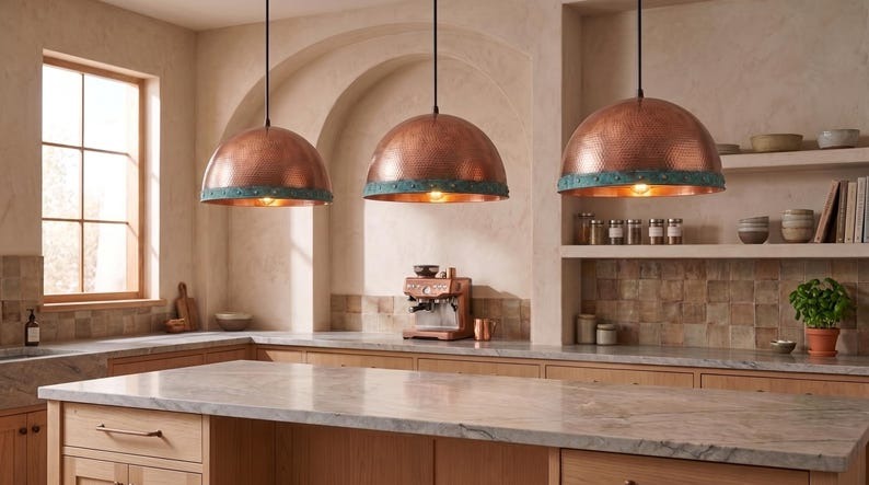 Handmade Brass Dome Pendant Light – Copper Hammered Brass Kitchen Island Pendant with Verdigris Patina Band, Moroccan Farmhouse Ceiling Light Fixture