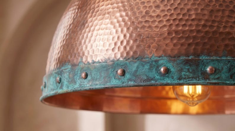 Handmade Brass Dome Pendant Light – Copper Hammered Brass Kitchen Island Pendant with Verdigris Patina Band, Moroccan Farmhouse Ceiling Light Fixture