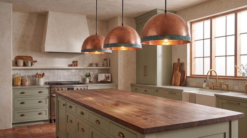 Handmade Brass Dome Pendant Light – Copper Hammered Brass Kitchen Island Pendant with Verdigris Patina Band, Moroccan Farmhouse Ceiling Light Fixture