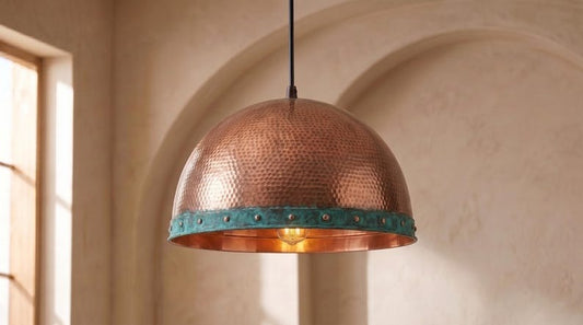 Handmade Brass Dome Pendant Light – Copper Hammered Brass Kitchen Island Pendant with Verdigris Patina Band, Moroccan Farmhouse Ceiling Light Fixture
