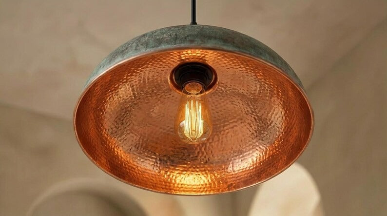 Handmade Brass Moroccan Dome Pendant Light – Verdigris Green Patina & Copper Hammered Brass Hanging Lamp, Rustic Kitchen Island Ceiling Fixture
