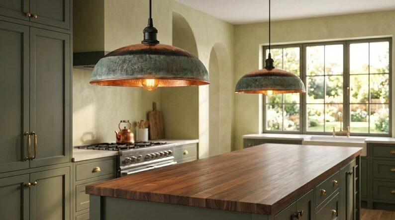 Handmade Brass Moroccan Dome Pendant Light – Verdigris Green Patina & Copper Hammered Brass Hanging Lamp, Rustic Kitchen Island Ceiling Fixture