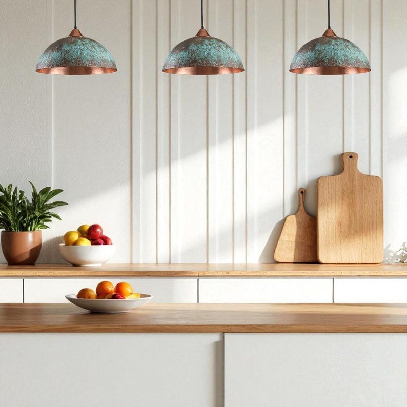 Handmade Brass Dome Pendant Light – Turquoise Patina Moroccan Ceiling Lamp, Copper Interior Kitchen Island Pendant, Rustic Brass Dining Room Light Fixture