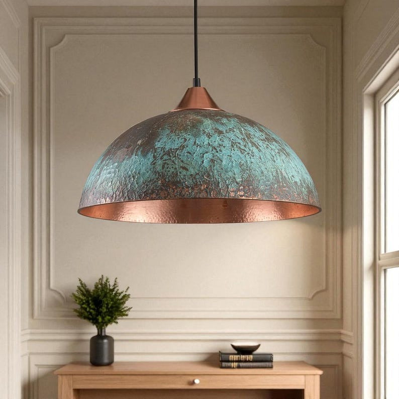 Handmade Brass Dome Pendant Light – Turquoise Patina Moroccan Ceiling Lamp, Copper Interior Kitchen Island Pendant, Rustic Brass Dining Room Light Fixture
