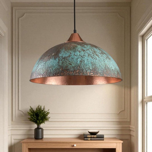 Handmade Brass Dome Pendant Light – Turquoise Patina Moroccan Ceiling Lamp, Copper Interior Kitchen Island Pendant, Rustic Brass Dining Room Light Fixture