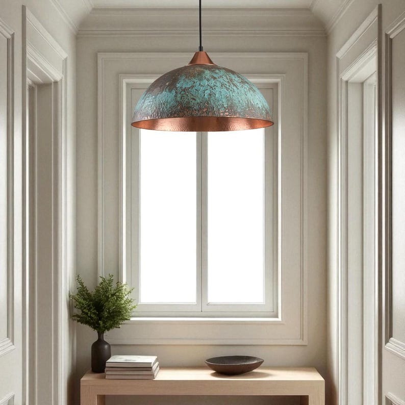 Handmade Brass Dome Pendant Light – Turquoise Patina Moroccan Ceiling Lamp, Copper Interior Kitchen Island Pendant, Rustic Brass Dining Room Light Fixture