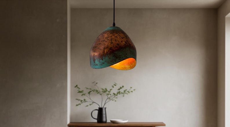 Asymmetrical Copper Pendant Light, Handmade Moroccan Green Patina Hanging Lamp, Sculptural Verdigris Copper Kitchen Island Chandelier, Rustic Boho Farmhouse Ceiling Light Fixture