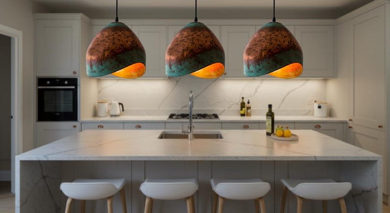 Asymmetrical Copper Pendant Light, Handmade Moroccan Green Patina Hanging Lamp, Sculptural Verdigris Copper Kitchen Island Chandelier, Rustic Boho Farmhouse Ceiling Light Fixture