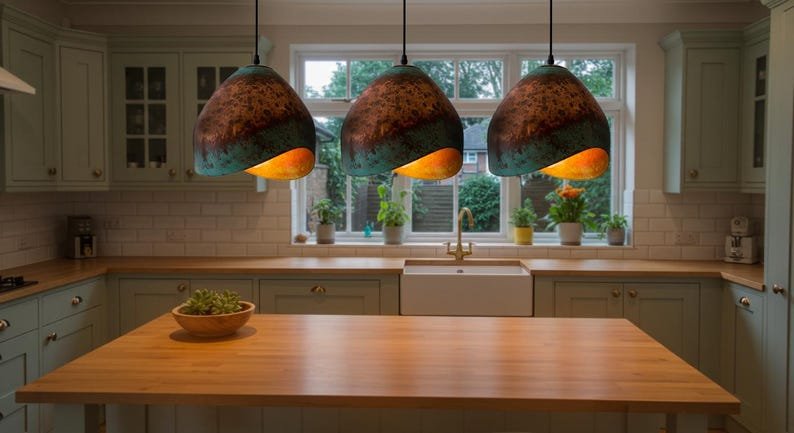 Asymmetrical Copper Pendant Light, Handmade Moroccan Green Patina Hanging Lamp, Sculptural Verdigris Copper Kitchen Island Chandelier, Rustic Boho Farmhouse Ceiling Light Fixture