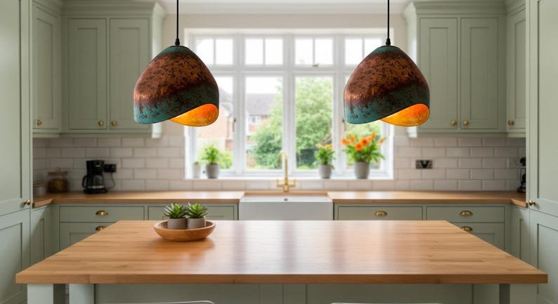 Asymmetrical Copper Pendant Light, Handmade Moroccan Green Patina Hanging Lamp, Sculptural Verdigris Copper Kitchen Island Chandelier, Rustic Boho Farmhouse Ceiling Light Fixture