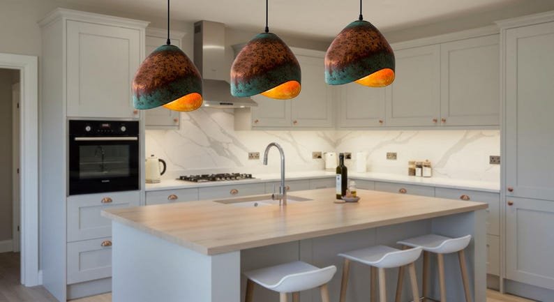 Asymmetrical Copper Pendant Light, Handmade Moroccan Green Patina Hanging Lamp, Sculptural Verdigris Copper Kitchen Island Chandelier, Rustic Boho Farmhouse Ceiling Light Fixture