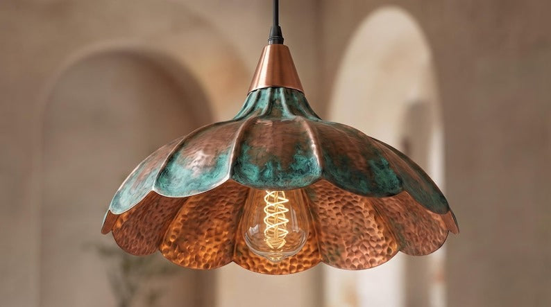 Handmade Moroccan Brass Pendant Light – Hammered Flower Dome Ceiling Lamp with Verdigris Patina, Copper Petal Shade & Scalloped Design