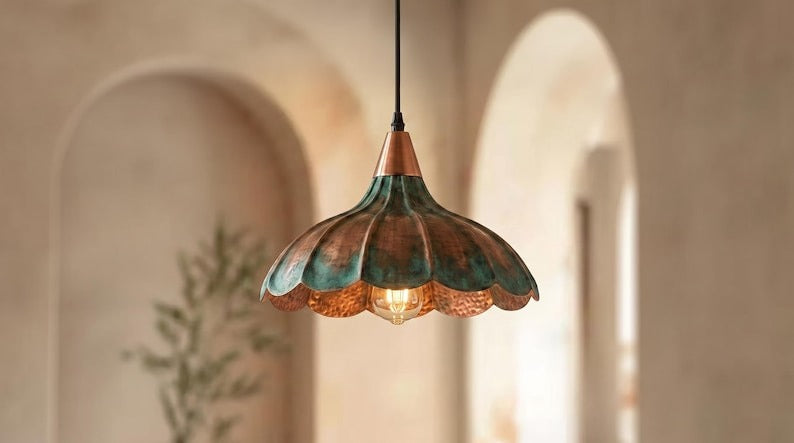 Handmade Moroccan Brass Pendant Light – Hammered Flower Dome Ceiling Lamp with Verdigris Patina, Copper Petal Shade & Scalloped Design
