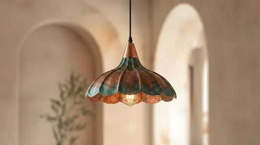 Handmade Moroccan Brass Pendant Light – Hammered Flower Dome Ceiling Lamp with Verdigris Patina, Copper Petal Shade & Scalloped Design