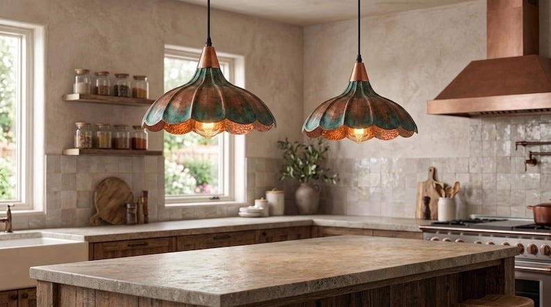 Handmade Moroccan Brass Pendant Light – Hammered Flower Dome Ceiling Lamp with Verdigris Patina, Copper Petal Shade & Scalloped Design