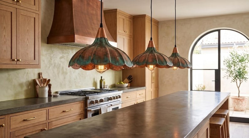 Handmade Moroccan Brass Pendant Light – Hammered Flower Dome Ceiling Lamp with Verdigris Patina, Copper Petal Shade & Scalloped Design