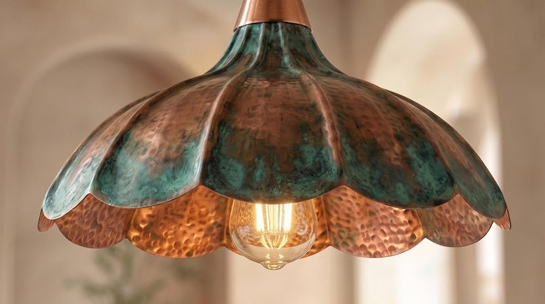 Handmade Moroccan Brass Pendant Light – Hammered Flower Dome Ceiling Lamp with Verdigris Patina, Copper Petal Shade & Scalloped Design