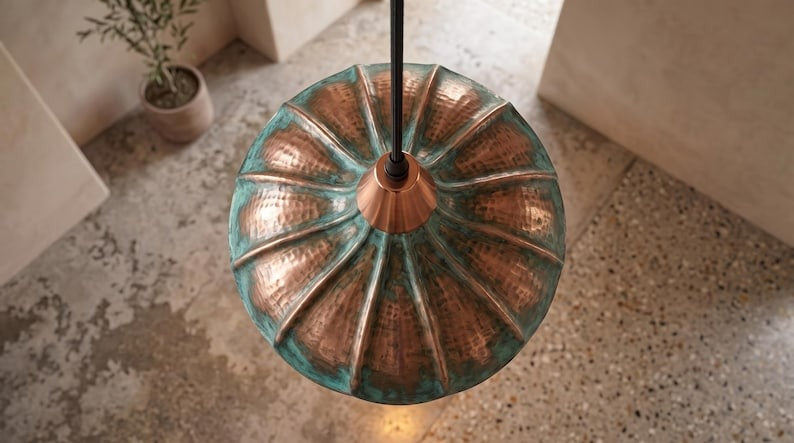 Handmade Moroccan Brass Pendant Light – Hammered Flower Dome Ceiling Lamp with Verdigris Patina, Copper Petal Shade & Scalloped Design