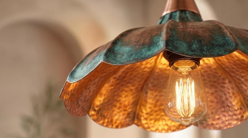 Handmade Moroccan Brass Pendant Light – Hammered Flower Dome Ceiling Lamp with Verdigris Patina, Copper Petal Shade & Scalloped Design