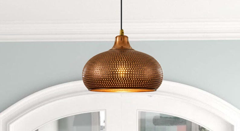 Handmade Perforated Brass Pendant Light – Moroccan Copper Saucer Dome Hanging Lamp with Warm Gold Interior for Kitchen Island, Dining Room & Boho Home Décor