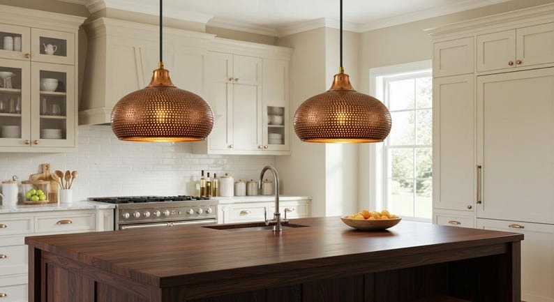 Handmade Perforated Brass Pendant Light – Moroccan Copper Saucer Dome Hanging Lamp with Warm Gold Interior for Kitchen Island, Dining Room & Boho Home Décor