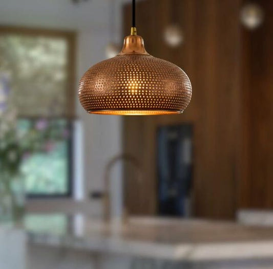 Handmade Perforated Brass Pendant Light – Moroccan Copper Saucer Dome Hanging Lamp with Warm Gold Interior for Kitchen Island, Dining Room & Boho Home Décor