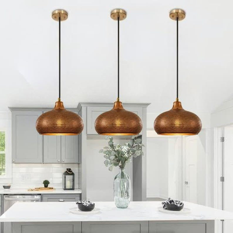 Handmade Perforated Brass Pendant Light – Moroccan Copper Saucer Dome Hanging Lamp with Warm Gold Interior for Kitchen Island, Dining Room & Boho Home Décor