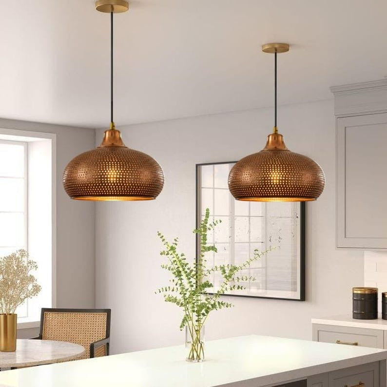 Handmade Perforated Brass Pendant Light – Moroccan Copper Saucer Dome Hanging Lamp with Warm Gold Interior for Kitchen Island, Dining Room & Boho Home Décor