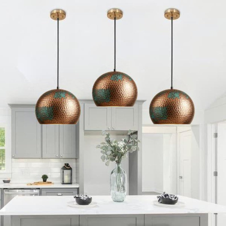 Handmade Hammered Brass Pendant Light – Moroccan Copper Dome Hanging Lamp with Green Patina Accents for Kitchen Island, Dining Room & Boho Home Décor