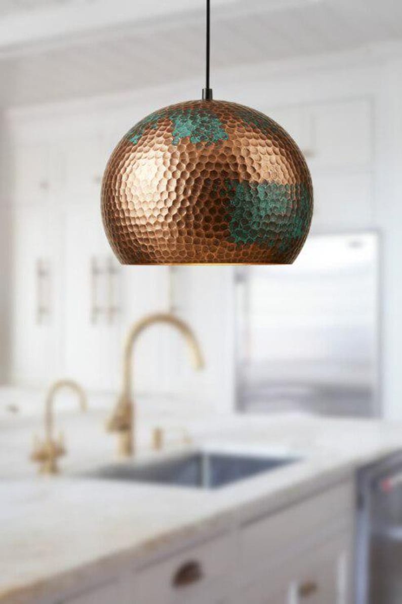 Handmade Hammered Brass Pendant Light – Moroccan Copper Dome Hanging Lamp with Green Patina Accents for Kitchen Island, Dining Room & Boho Home Décor