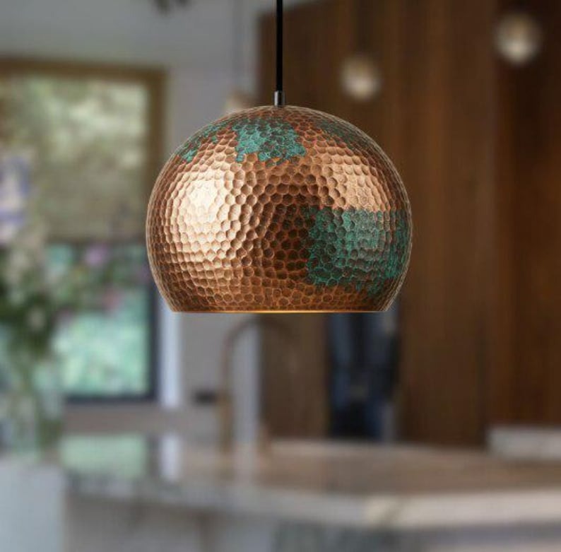 Handmade Hammered Brass Pendant Light – Moroccan Copper Dome Hanging Lamp with Green Patina Accents for Kitchen Island, Dining Room & Boho Home Décor