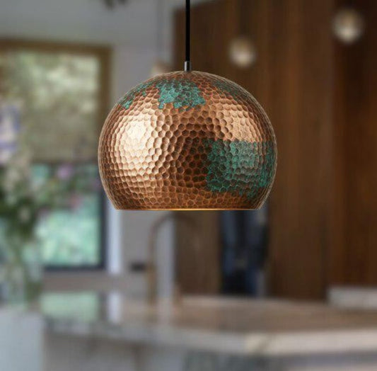 Handmade Hammered Brass Pendant Light – Moroccan Copper Dome Hanging Lamp with Green Patina Accents for Kitchen Island, Dining Room & Boho Home Décor