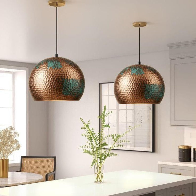 Handmade Hammered Brass Pendant Light – Moroccan Copper Dome Hanging Lamp with Green Patina Accents for Kitchen Island, Dining Room & Boho Home Décor