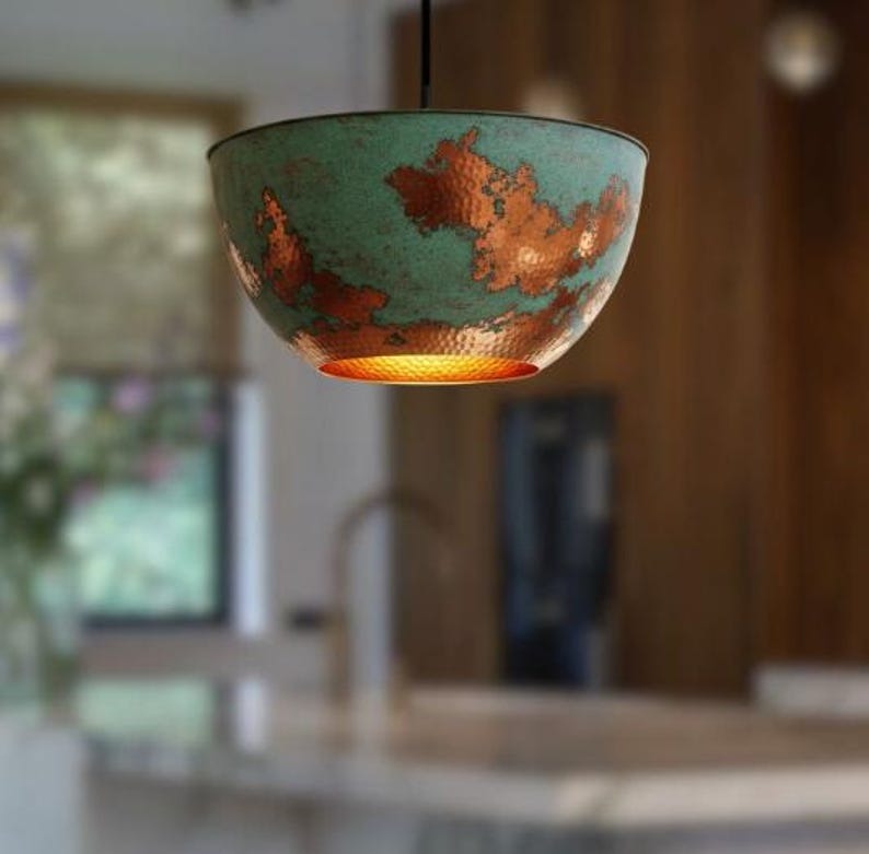 Handmade Green Patina Brass Pendant Light – Moroccan Bowl Dome Hanging Lamp with Copper Accents for Kitchen Island, Dining Room & Boho Home Décor