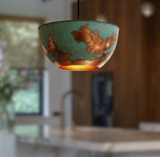 Handmade Green Patina Brass Pendant Light – Moroccan Bowl Dome Hanging Lamp with Copper Accents for Kitchen Island, Dining Room & Boho Home Décor