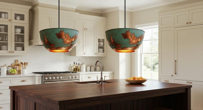 Handmade Green Patina Brass Pendant Light – Moroccan Bowl Dome Hanging Lamp with Copper Accents for Kitchen Island, Dining Room & Boho Home Décor