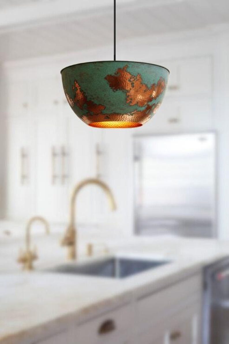 Handmade Green Patina Brass Pendant Light – Moroccan Bowl Dome Hanging Lamp with Copper Accents for Kitchen Island, Dining Room & Boho Home Décor