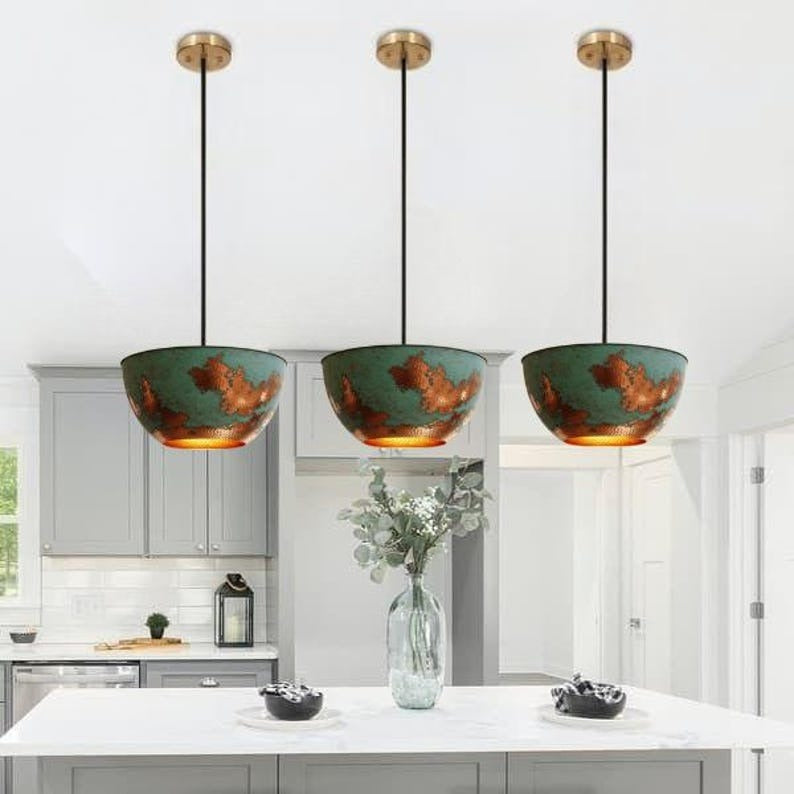 Handmade Green Patina Brass Pendant Light – Moroccan Bowl Dome Hanging Lamp with Copper Accents for Kitchen Island, Dining Room & Boho Home Décor
