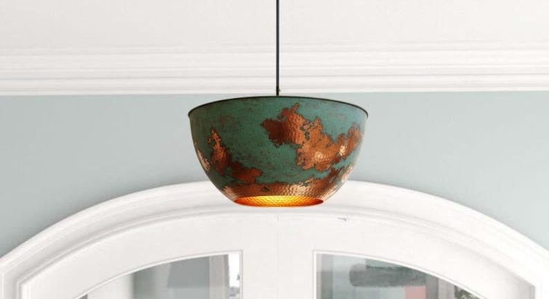 Handmade Green Patina Brass Pendant Light – Moroccan Bowl Dome Hanging Lamp with Copper Accents for Kitchen Island, Dining Room & Boho Home Décor