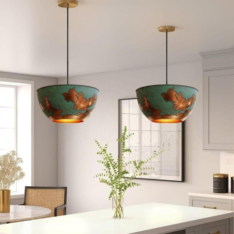 Handmade Green Patina Brass Pendant Light – Moroccan Bowl Dome Hanging Lamp with Copper Accents for Kitchen Island, Dining Room & Boho Home Décor