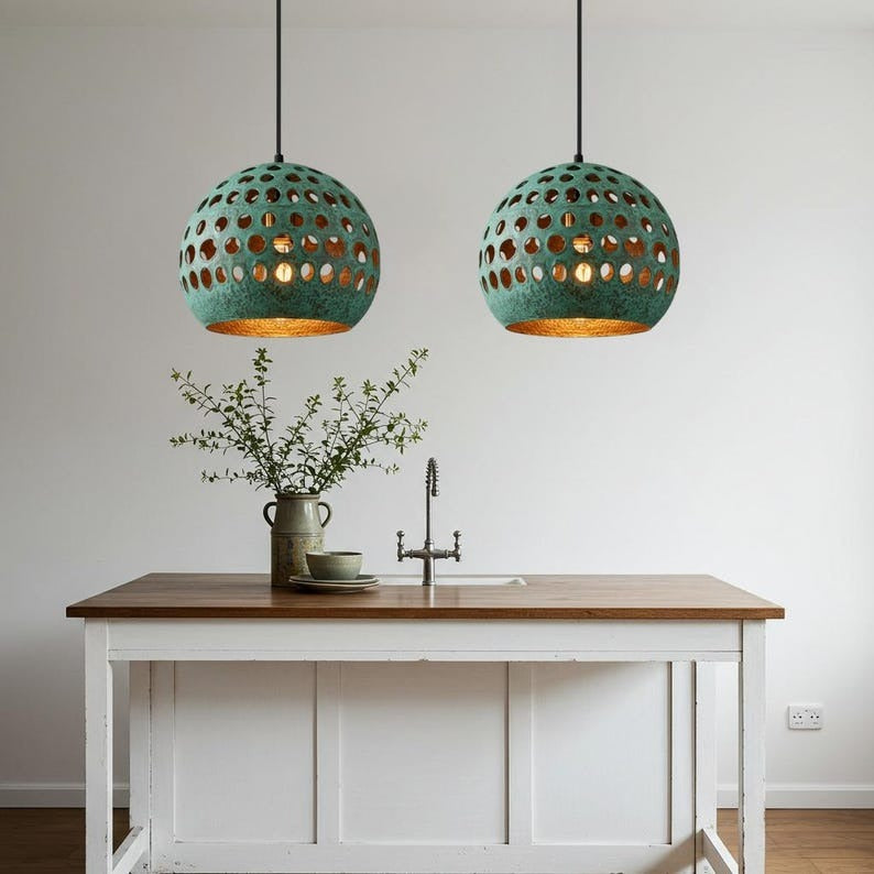 Verdigris Brass Globe Pendant Light – Perforated Moroccan Orb Chandelier with Hammered Copper Interior