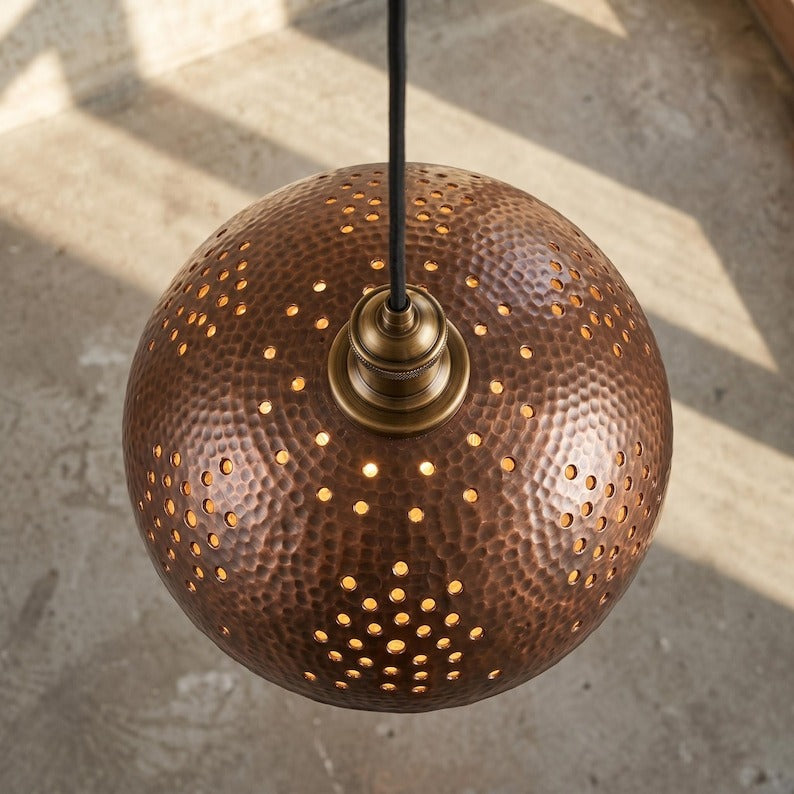 Handmade Moroccan Brass Dome Pendant Light – Hammered Antique Copper Hanging Lamp with Pierced Dot Pattern and Warm Gold Interior for Kitchen Island, Dining Room & Living Room