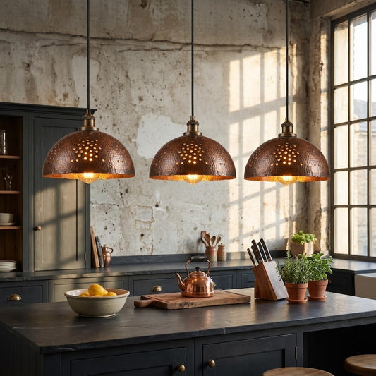 Set of 3 Handmade Moroccan Brass Dome Pendant Lights – Hammered Antique Copper Hanging Lamps with Pierced Dot Patterns and Warm Gold Interiors for Kitchen Island & Dining Room