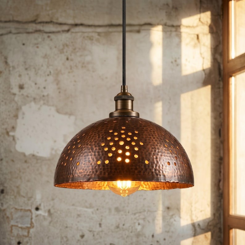 Handmade Moroccan Brass Dome Pendant Light – Hammered Antique Copper Hanging Lamp with Pierced Dot Pattern and Warm Gold Interior for Kitchen Island, Dining Room & Living Room
