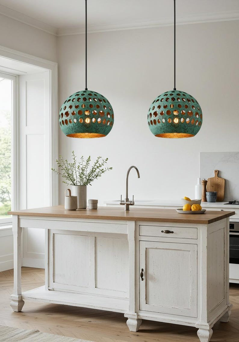 Verdigris Brass Globe Pendant Light – Perforated Moroccan Orb Chandelier with Hammered Copper Interior