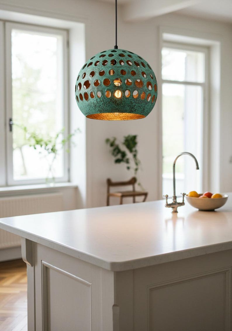 Verdigris Brass Globe Pendant Light – Perforated Moroccan Orb Chandelier with Hammered Copper Interior