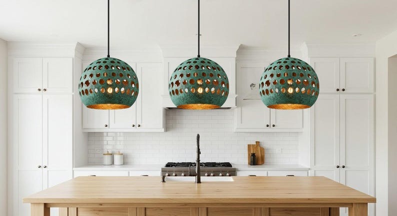 Verdigris Brass Globe Pendant Light – Perforated Moroccan Orb Chandelier with Hammered Copper Interior