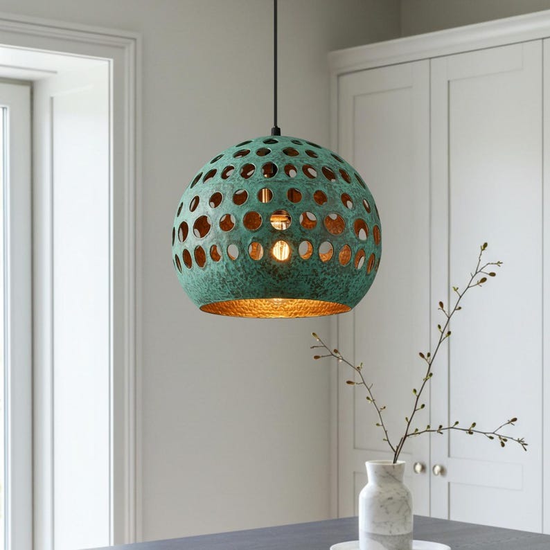 Verdigris Brass Globe Pendant Light – Perforated Moroccan Orb Chandelier with Hammered Copper Interior