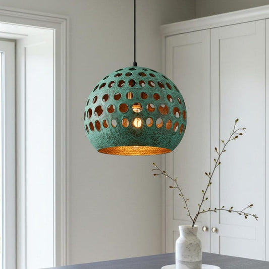 Verdigris Brass Globe Pendant Light – Perforated Moroccan Orb Chandelier with Hammered Copper Interior