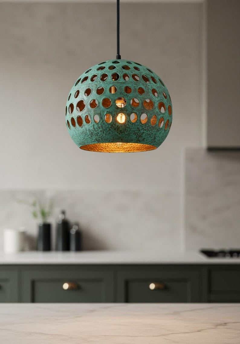 Verdigris Brass Globe Pendant Light – Perforated Moroccan Orb Chandelier with Hammered Copper Interior